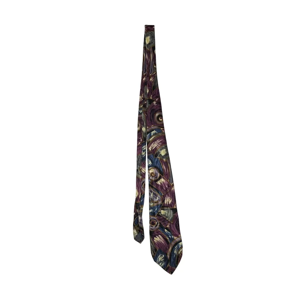 Tattersall‎ Mens Silk Necktie Abstract Geometric Brushstroke Purple Navy Gold